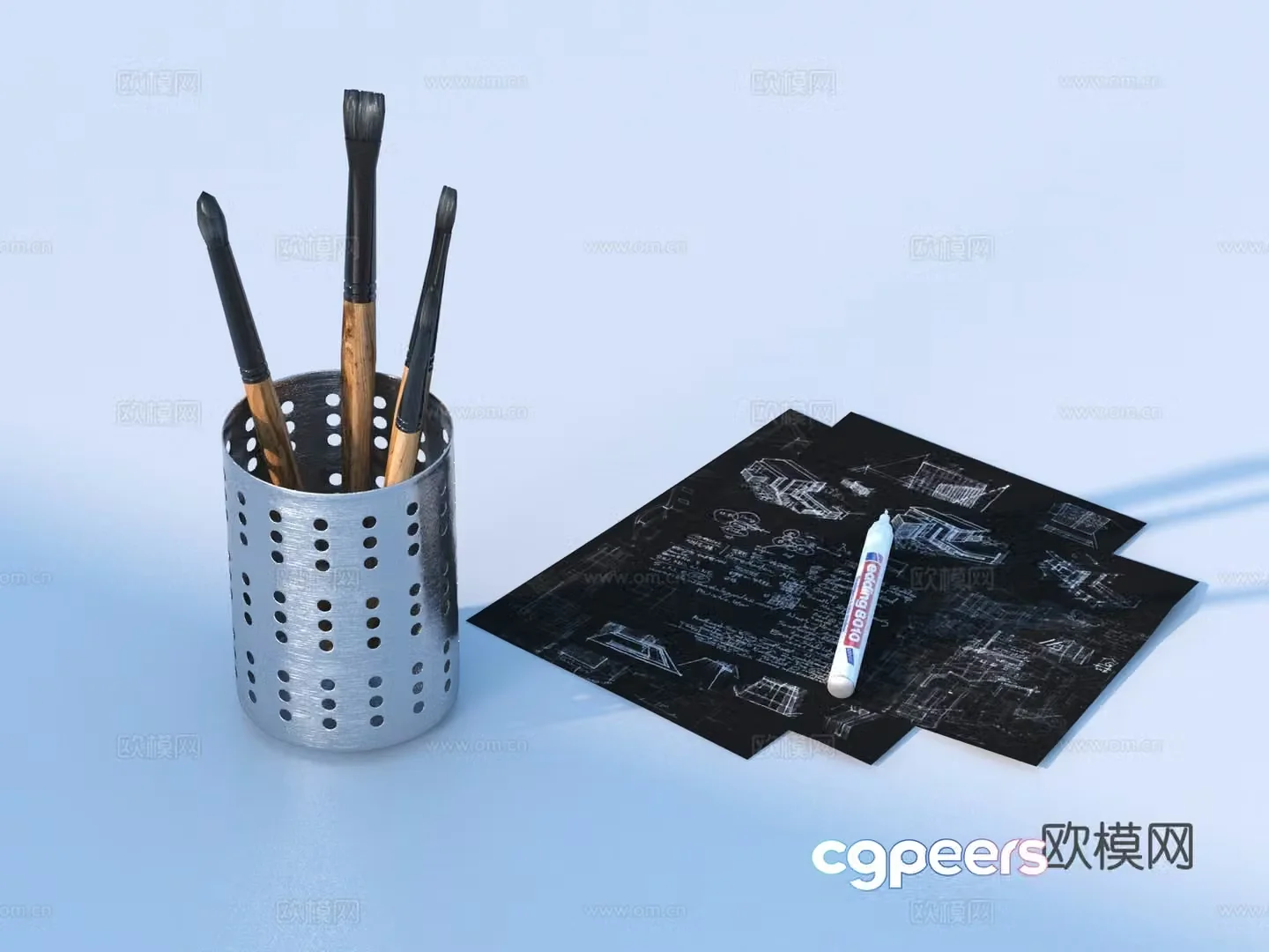 Pen holder document manuscript paper drawing 3d model