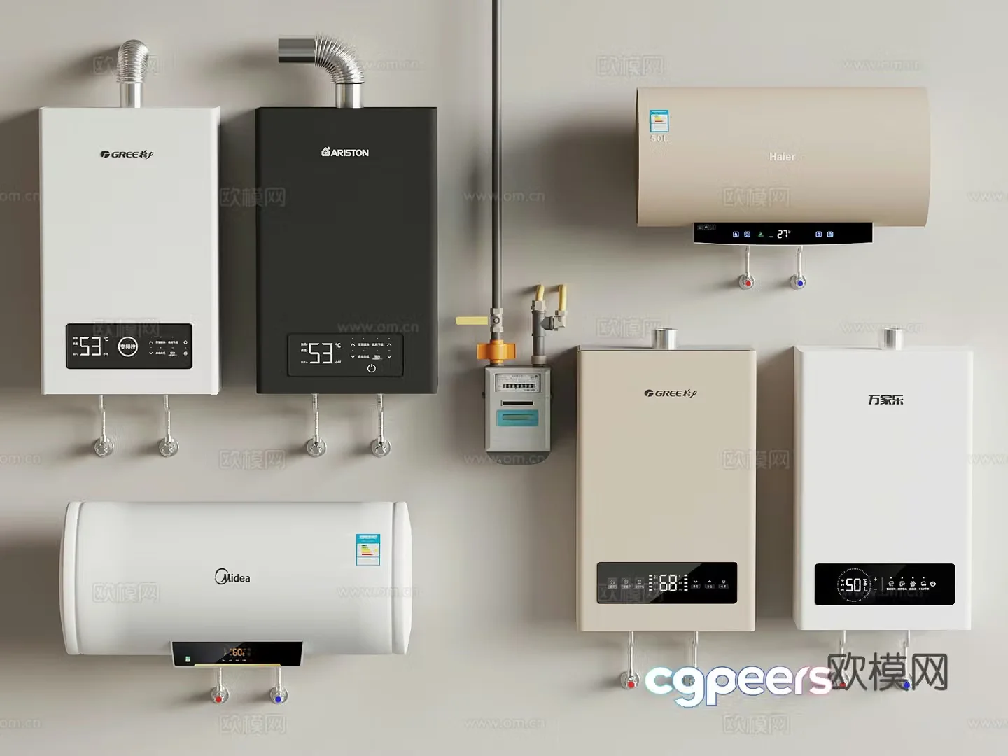 Water heater Electric water heater Gas water heater Gas meter 3D model