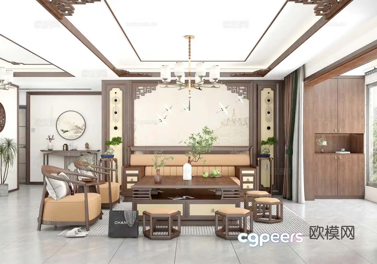 New Chinese living room sofa coffee table combination three-person sofa large coffee table small stool 3D model