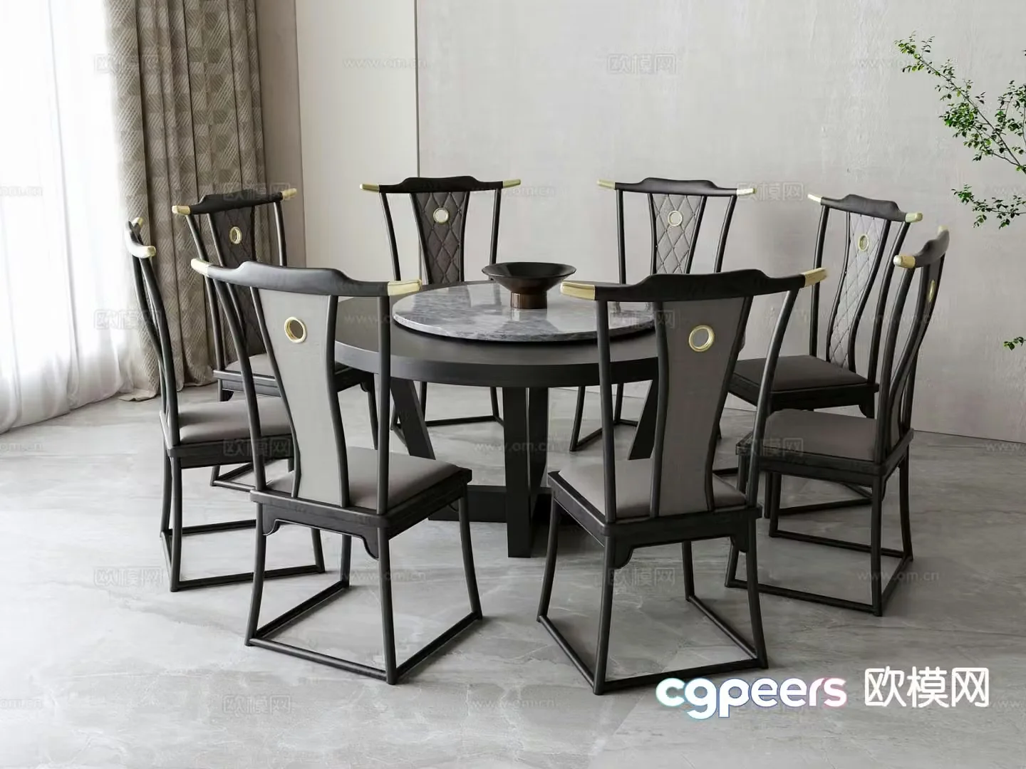 New Chinese style round dining table and chairs 3d model