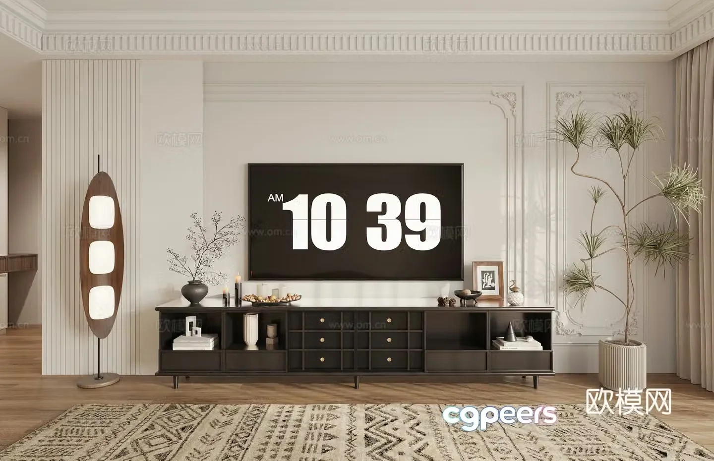 French medieval TV background wall TV cabinet floor lamp pot plant 3D model