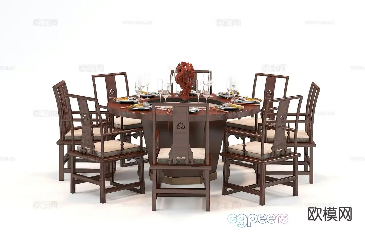 Chinese dining table and chairs round table 3d model