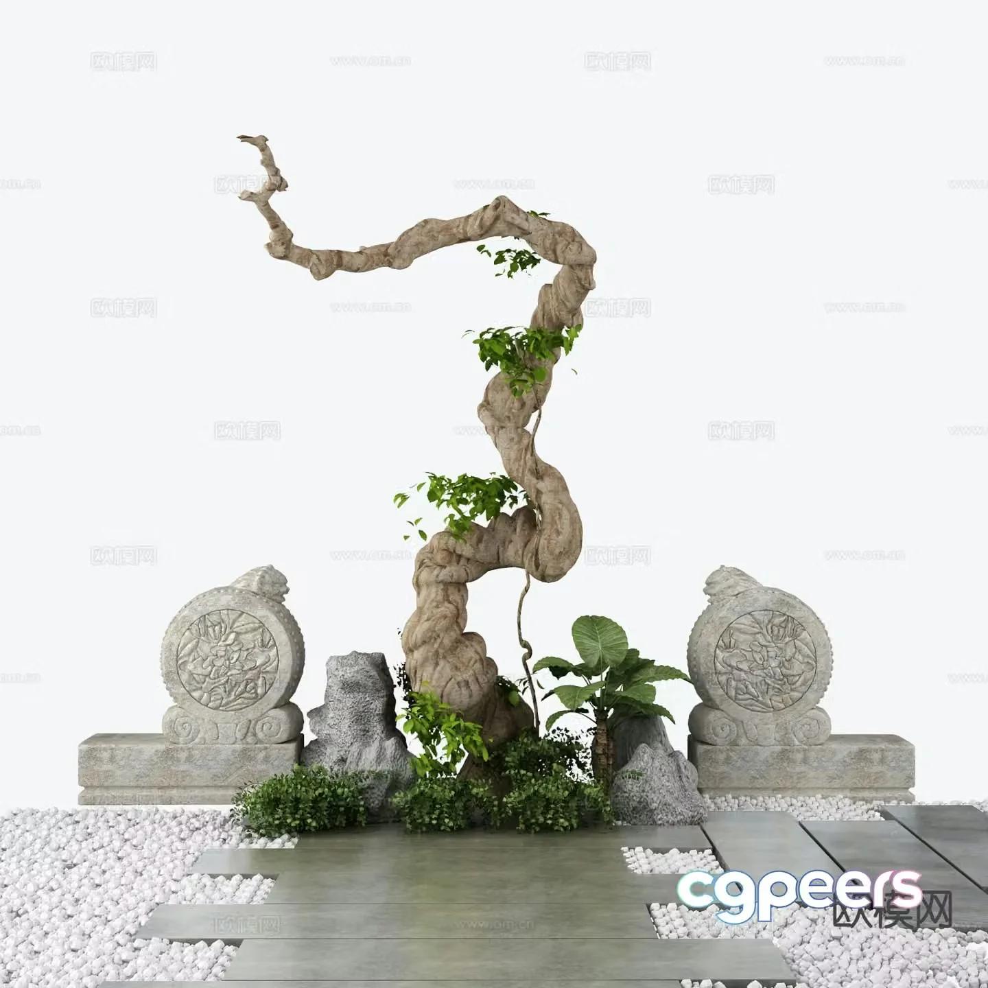 Chinese style wood branches door squatting fake stone landscape sketch 3D model