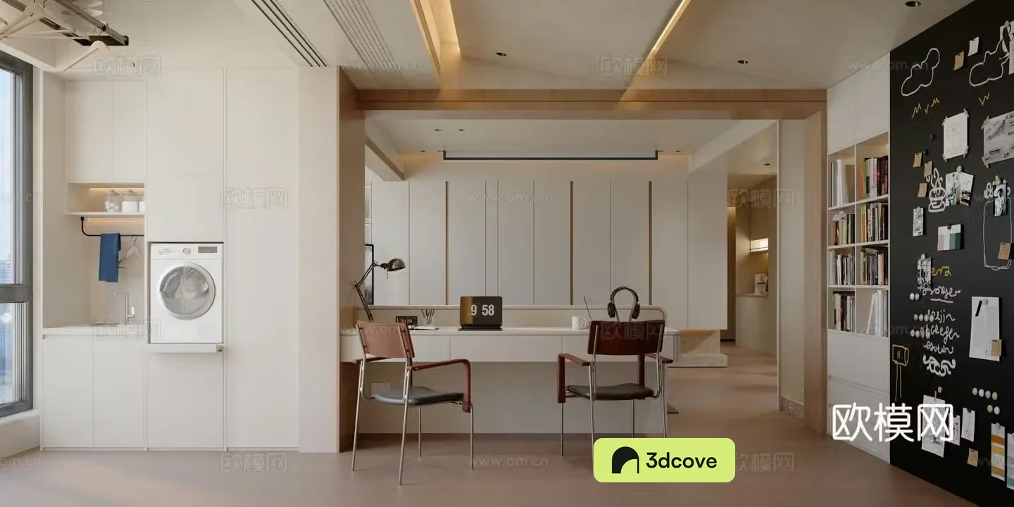 Modern Creamy Study Room Desk and Chair Blackboard Wall