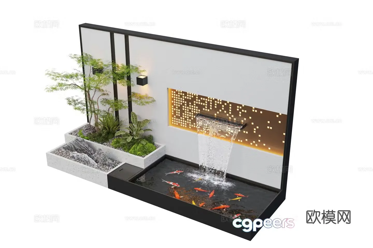 Modern courtyard waterscape waterscape wall stacked water landscape plants fish pond 3d model