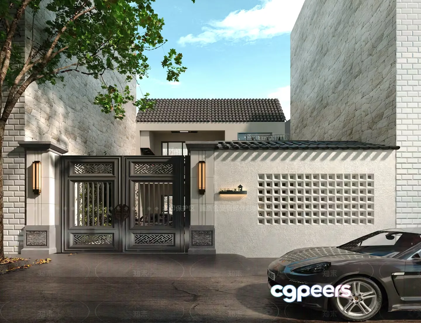 A Modern House With A Car Parked In Front 3D Model – 12525 – VRAY Render