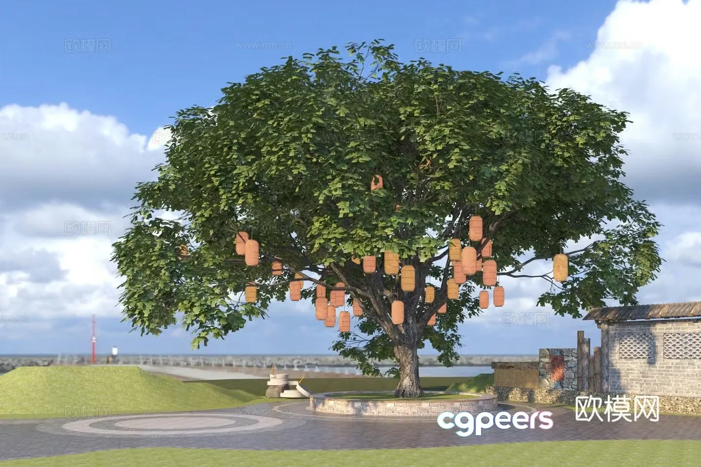 Chinese style ancient tree park square 3d model