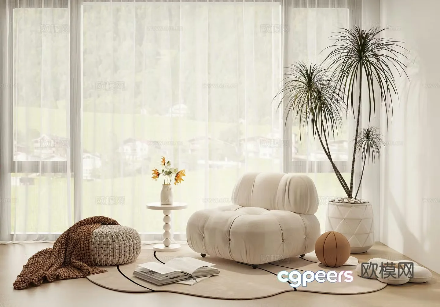 Cream style leisure chair lazy sofa side several potted stool 3D model