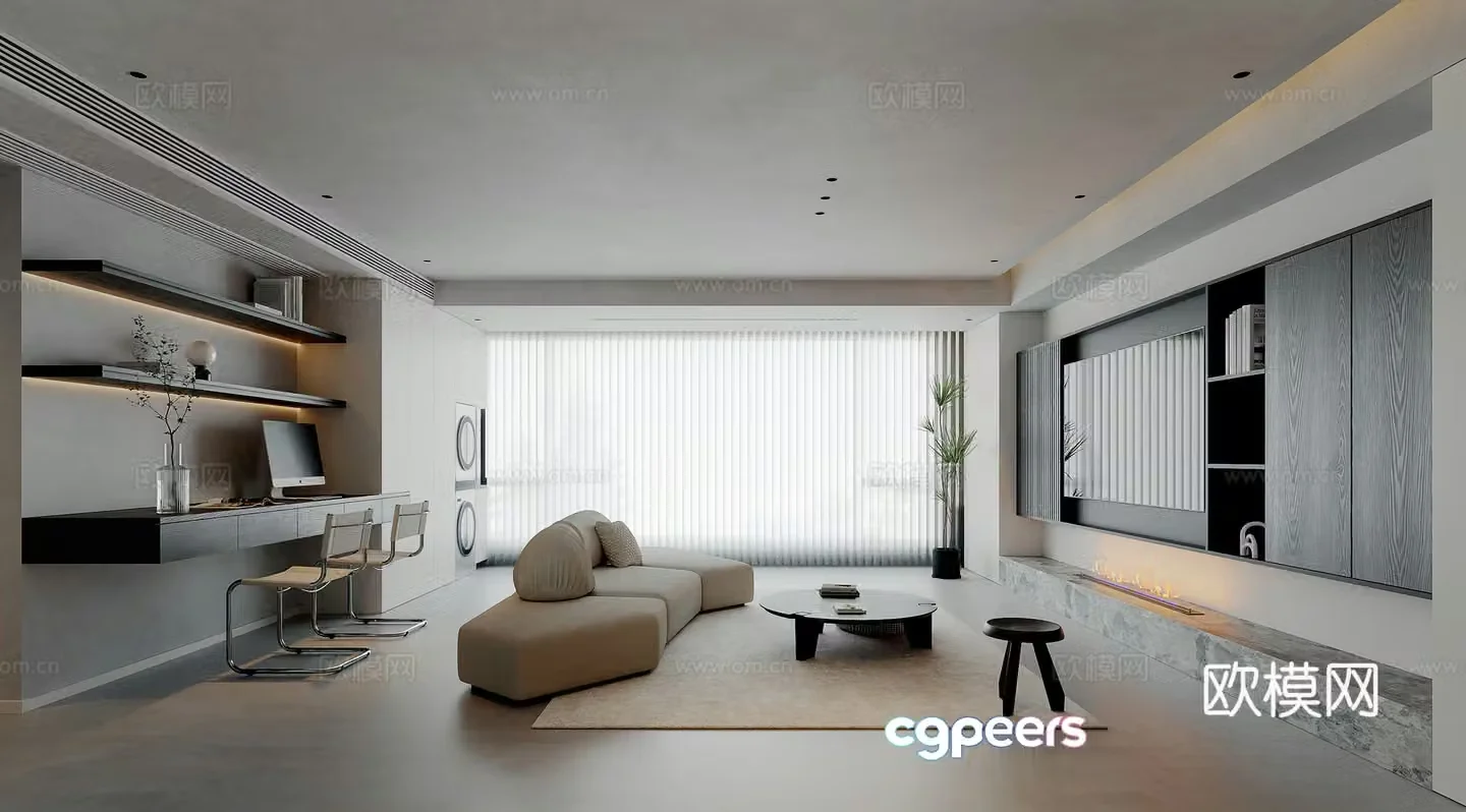 Italian minimalist living and dining room sofa desk study TV background 3d model