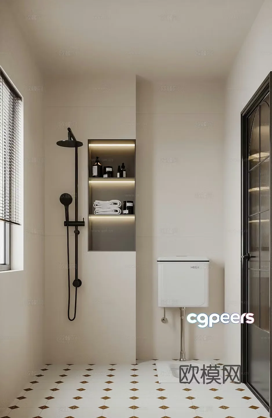 Modern cream bathroom rain shower alcove squat toilet glass door bathroom 3d model