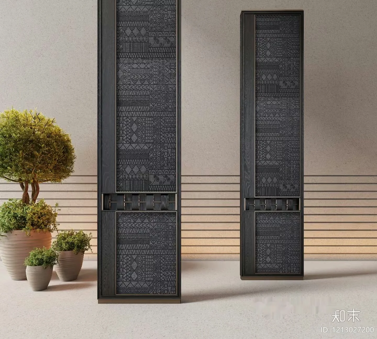 A Pair Of Tall Dark Wood Cabinets 3D Model – 8010 – VRAY Render