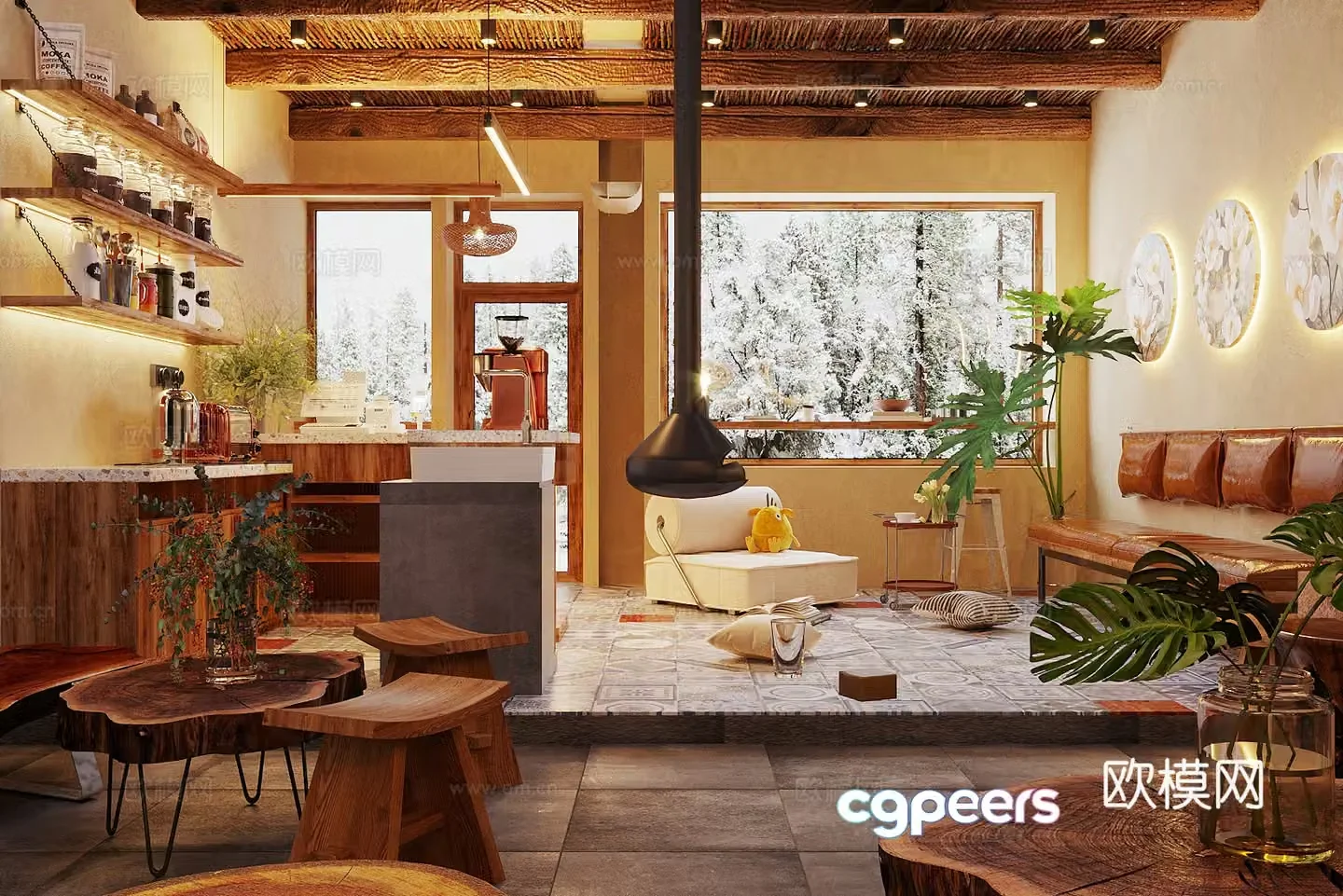 Log wood style milk tea shop Western restaurant Log wood style coffee shop Dessert shop Coffee table and chair Coffee 3D model