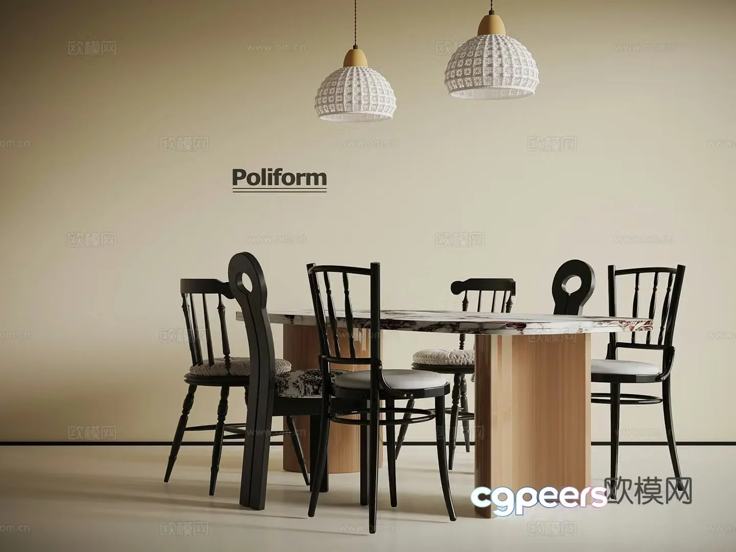 French dining table and chair chandeliers 3d model