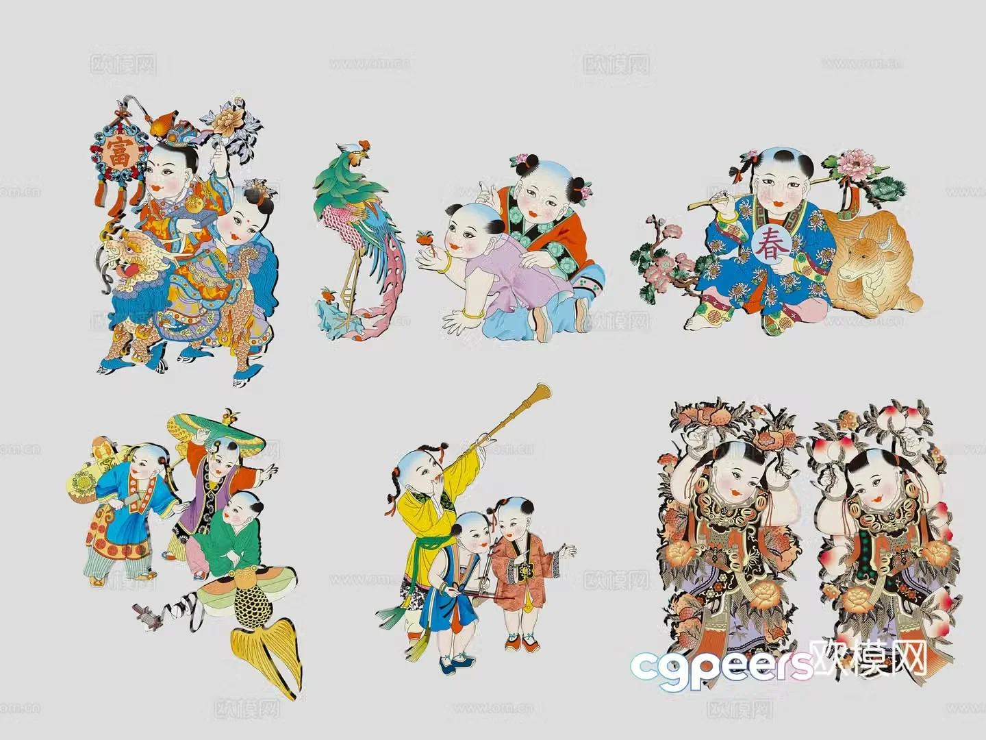 New Year painting auspicious and wealthy children boys tradition hand-painted wall decoration decoration elements symbols 3d model