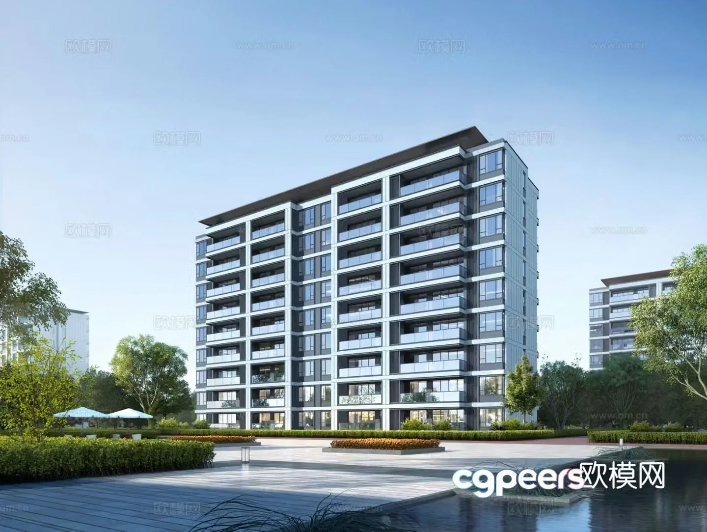 Multi-story residential building exterior 3D model
