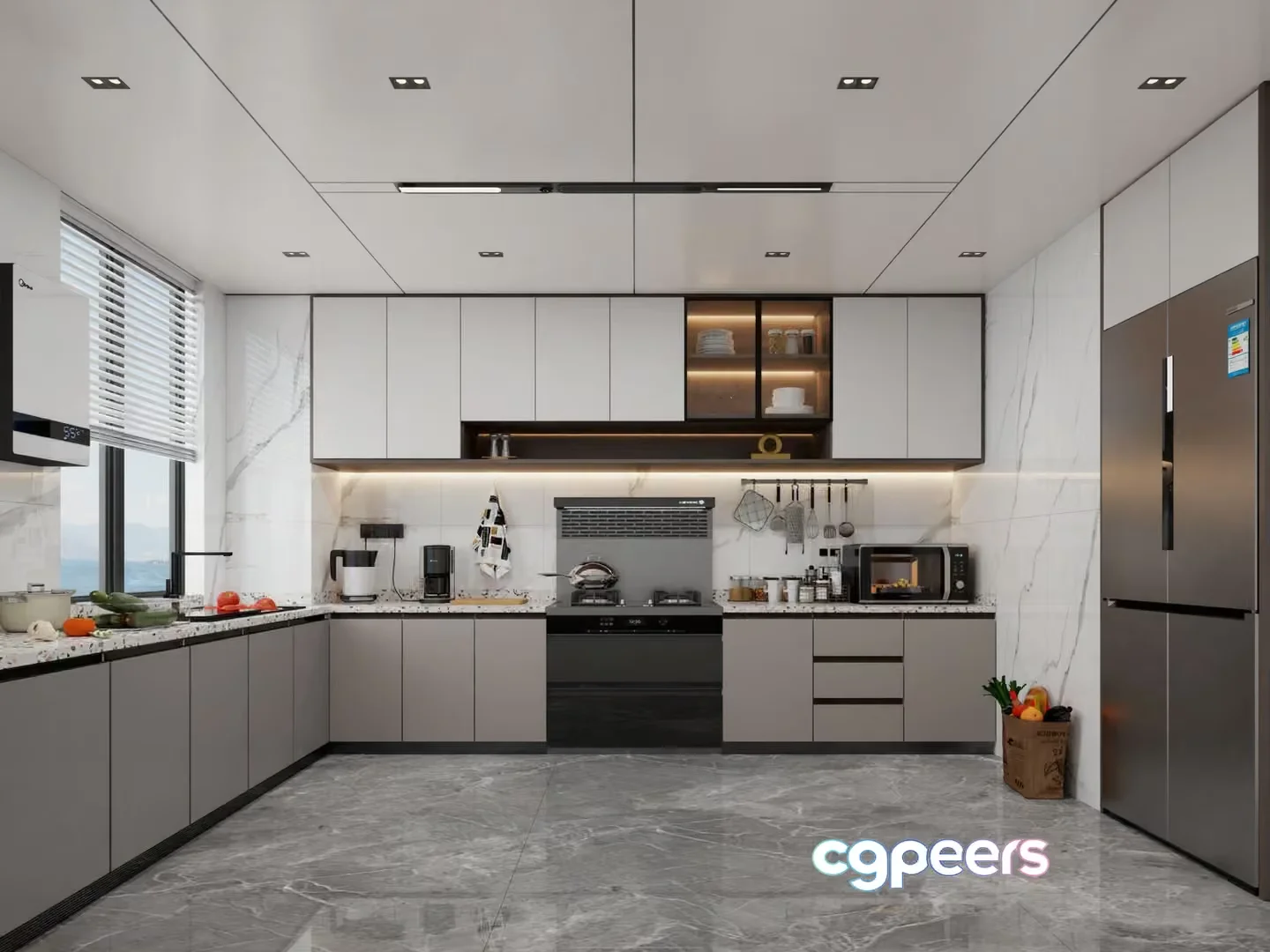 Modern Kitchen Layout 3D Model – 21364 – VRAY Render