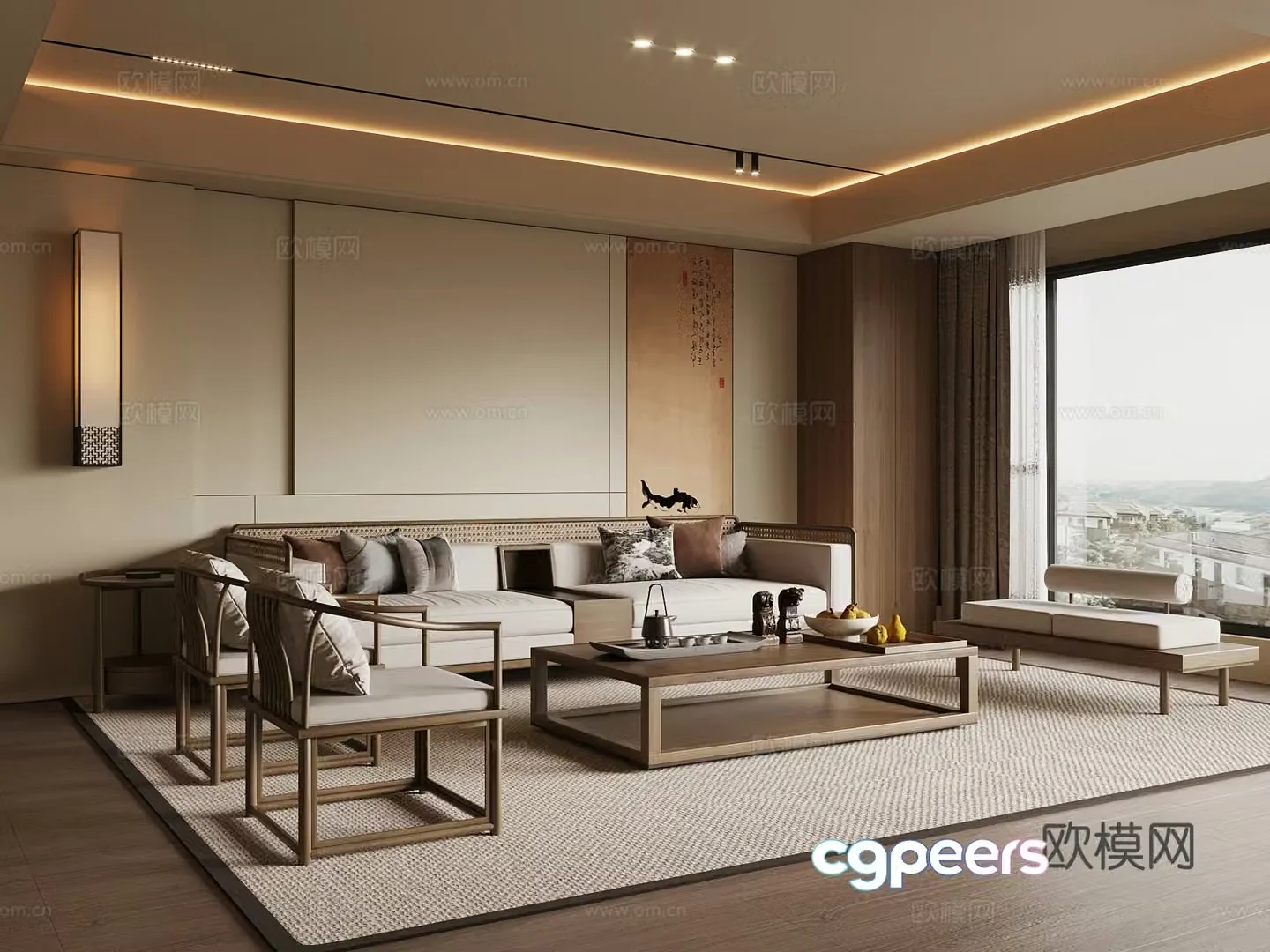New Chinese style living and dining room sofa coffee table combination 3D model