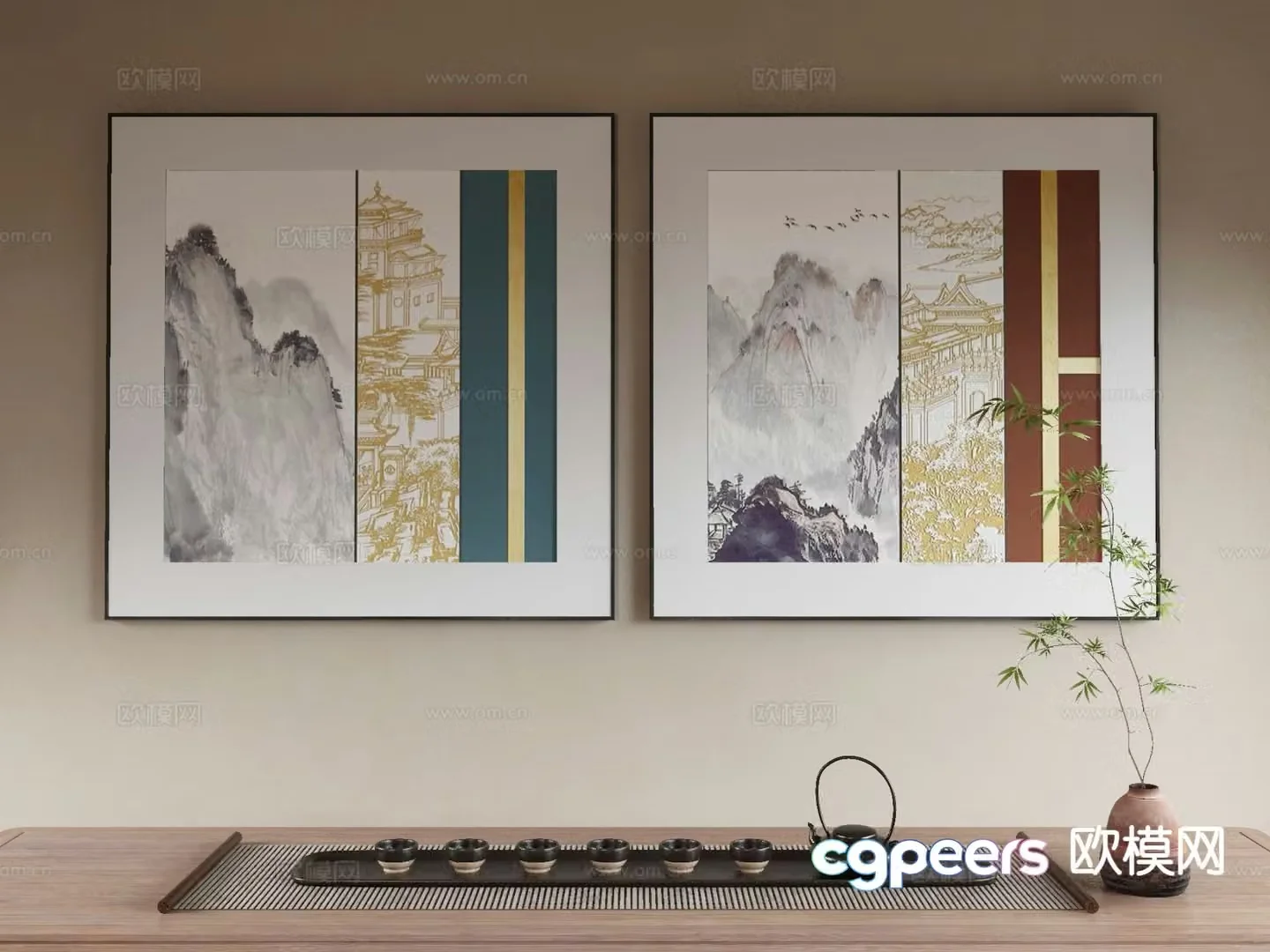 New Chinese style landscape painting decorative painting 3D model
