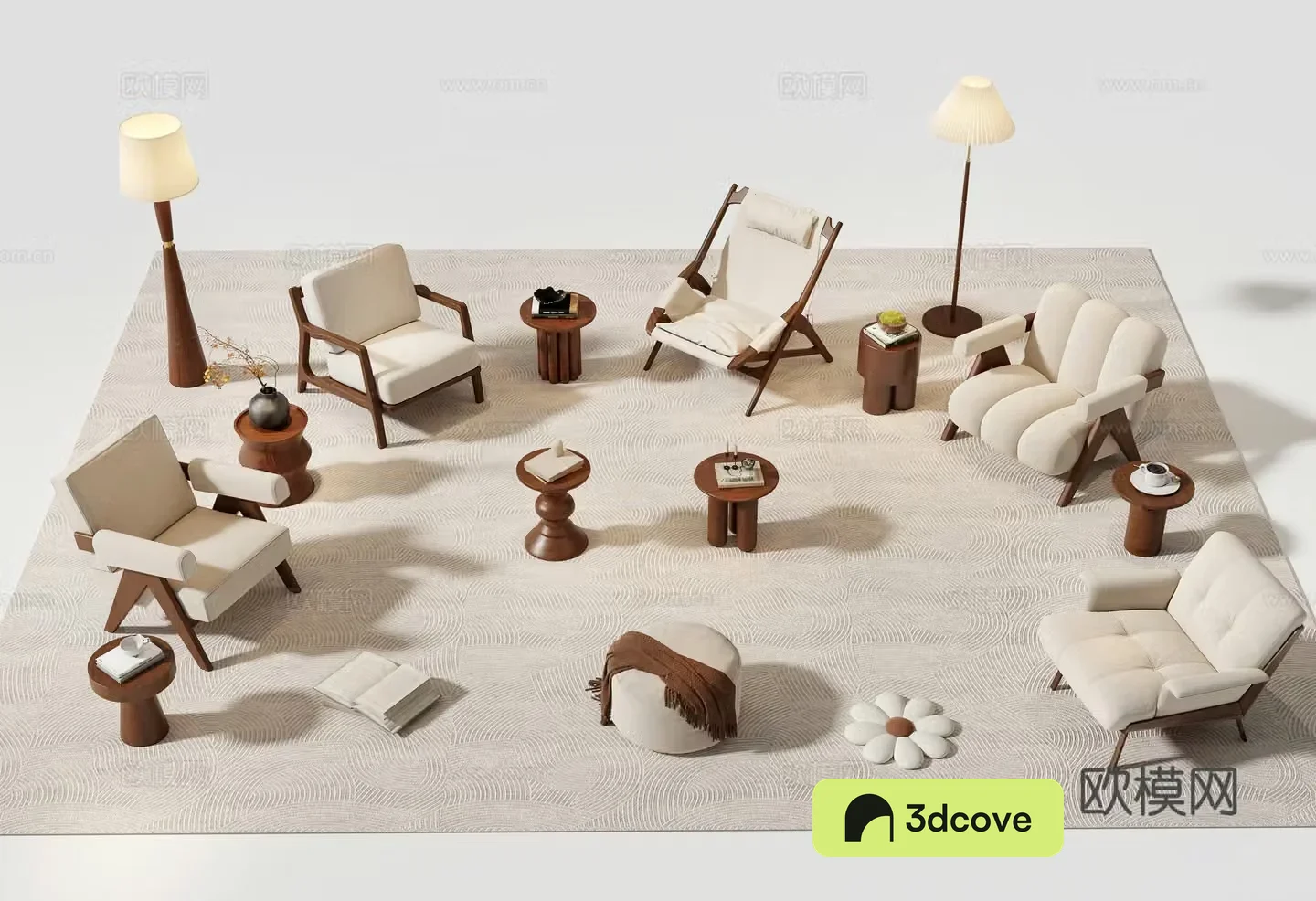 Middle-aged leisure chair cloth chair wooden chair leisure chair leisure table and chair floor lamp 3d model
