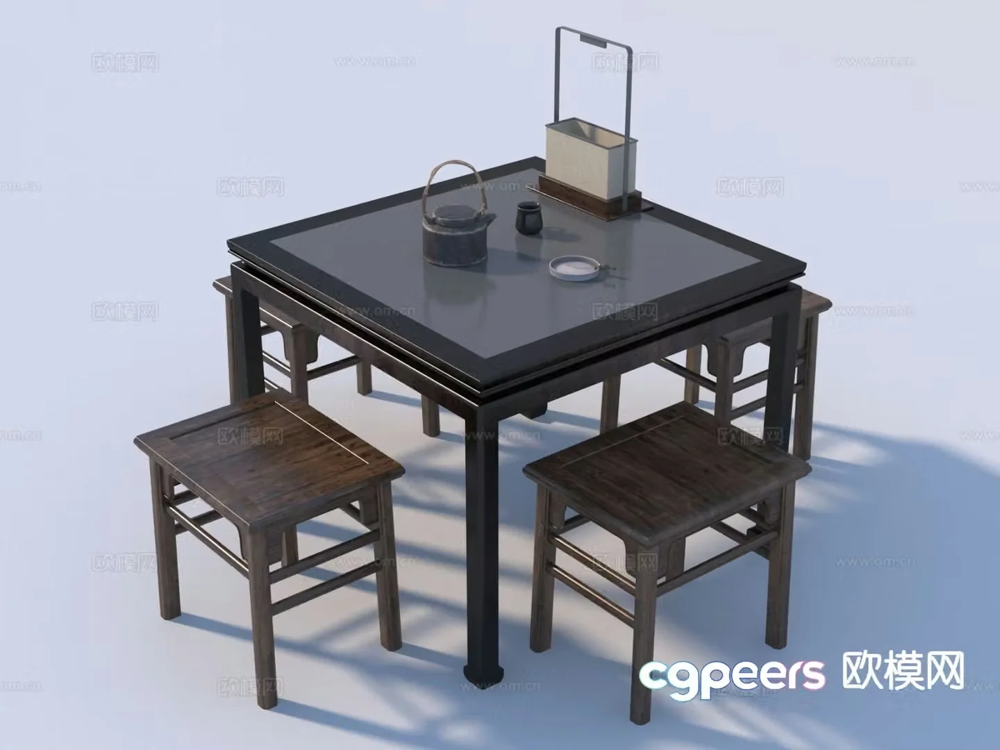 Chinese Eight Immortals Table Square Dining Table and Chairs 3D Model