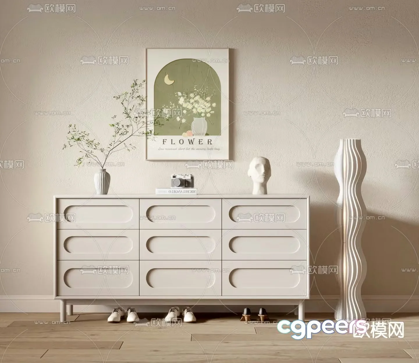 Cream style entrance cabinet shoe cabinet low cabinet 3d model
