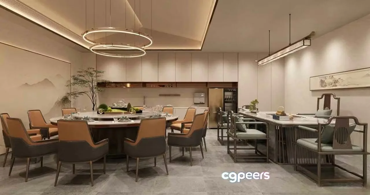 A Modern Dining Room With A Circular Table And Chairs 3D Model – 8391 – VRAY Render