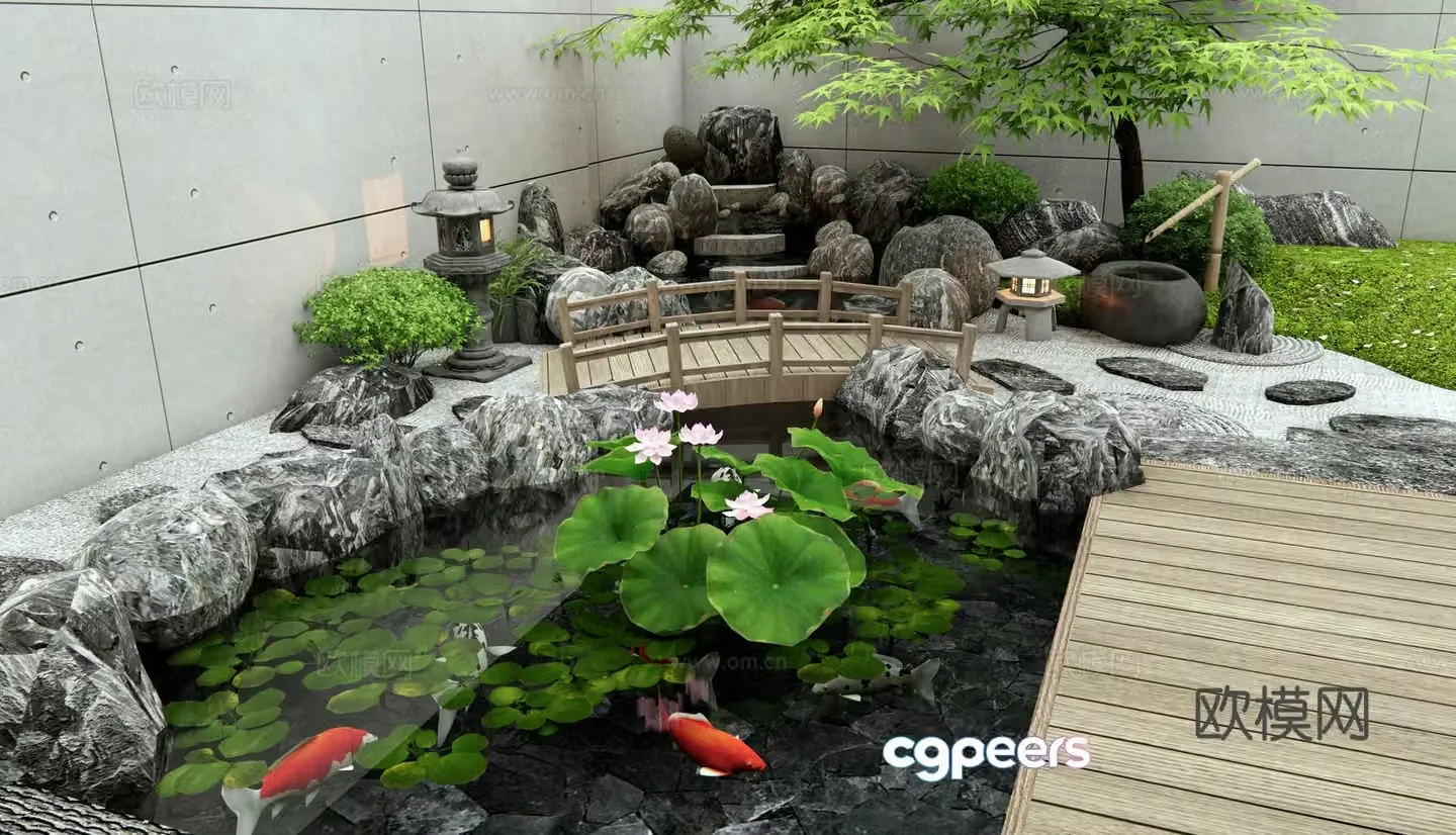 New Chinese style rockery waterscape fish pond flowing water landscape stone landscape lotus aquatic plants 3D model
