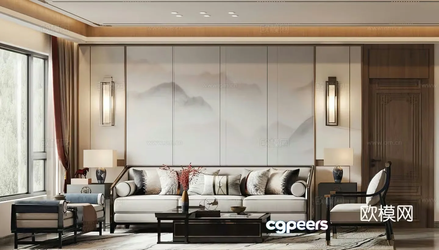 New Chinese living room combination sofa end view opposite view wall ornament decoration living and dining room 3D model