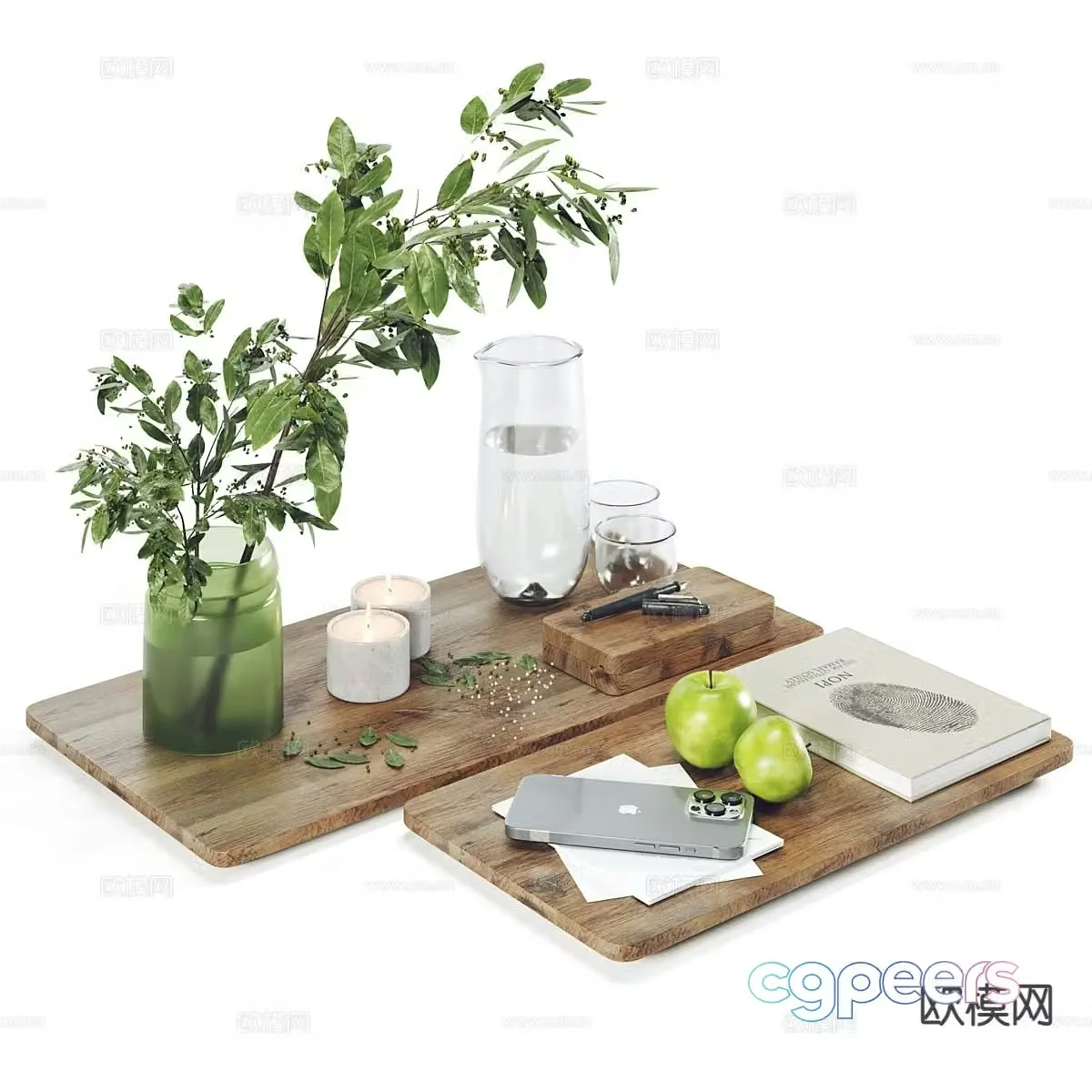 Tray ornaments hydroponic green plants candlesticks books 3D model