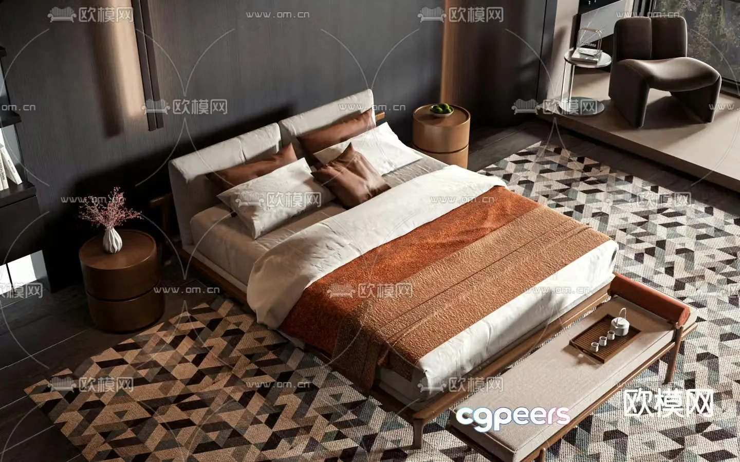 New Chinese style double bed 3d model