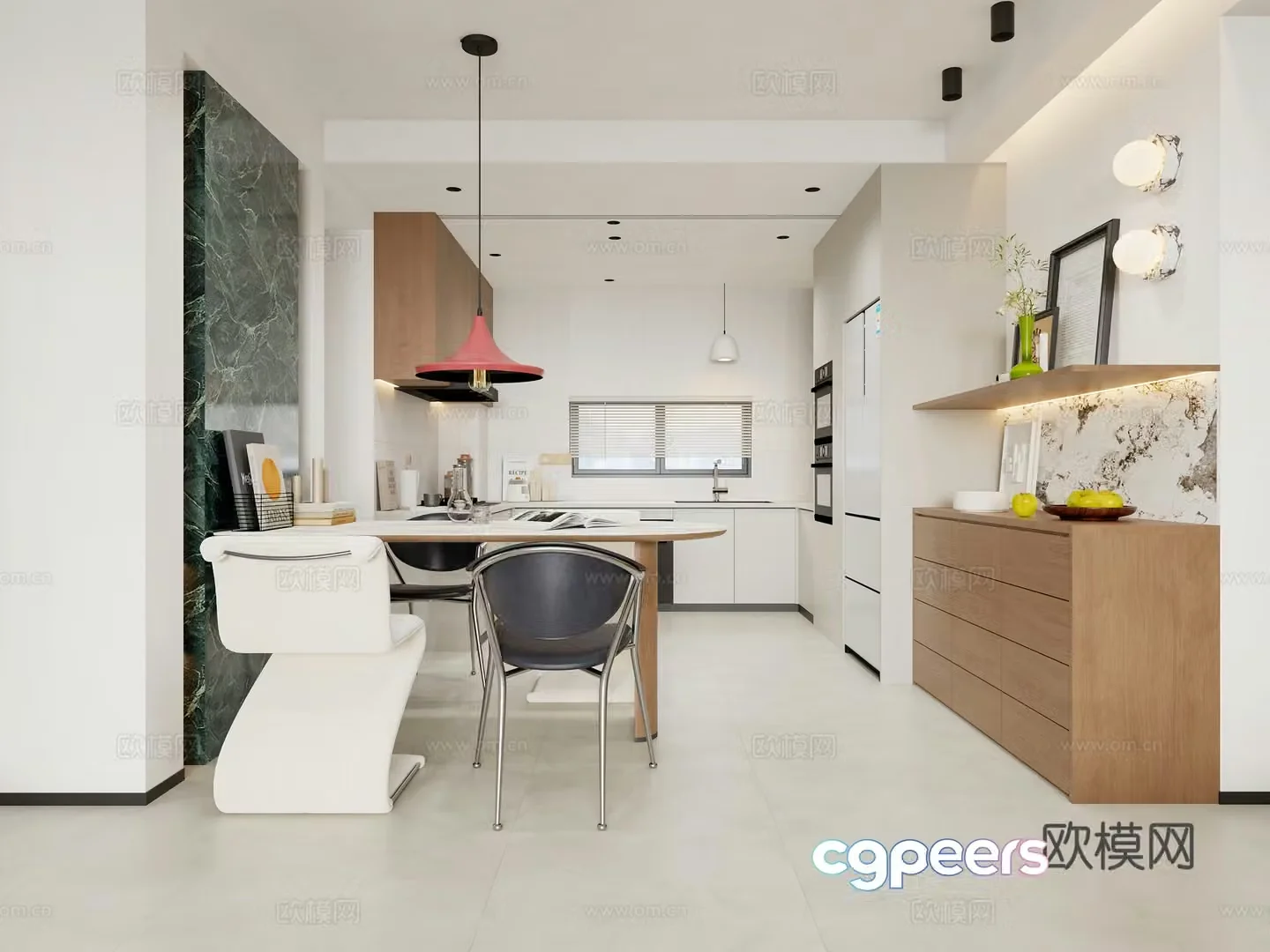 Modern minimalist open kitchen dining room 3d model