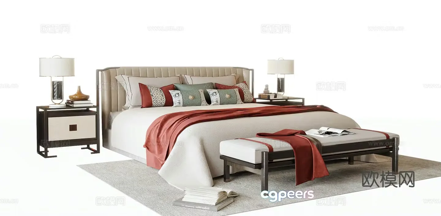 New Chinese style double bed 3d model