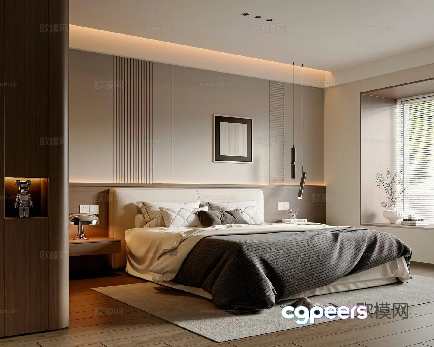 Modern simple bedroom fabric double bed bedroom painting wardrobe desk lamp chandeliers 3d model