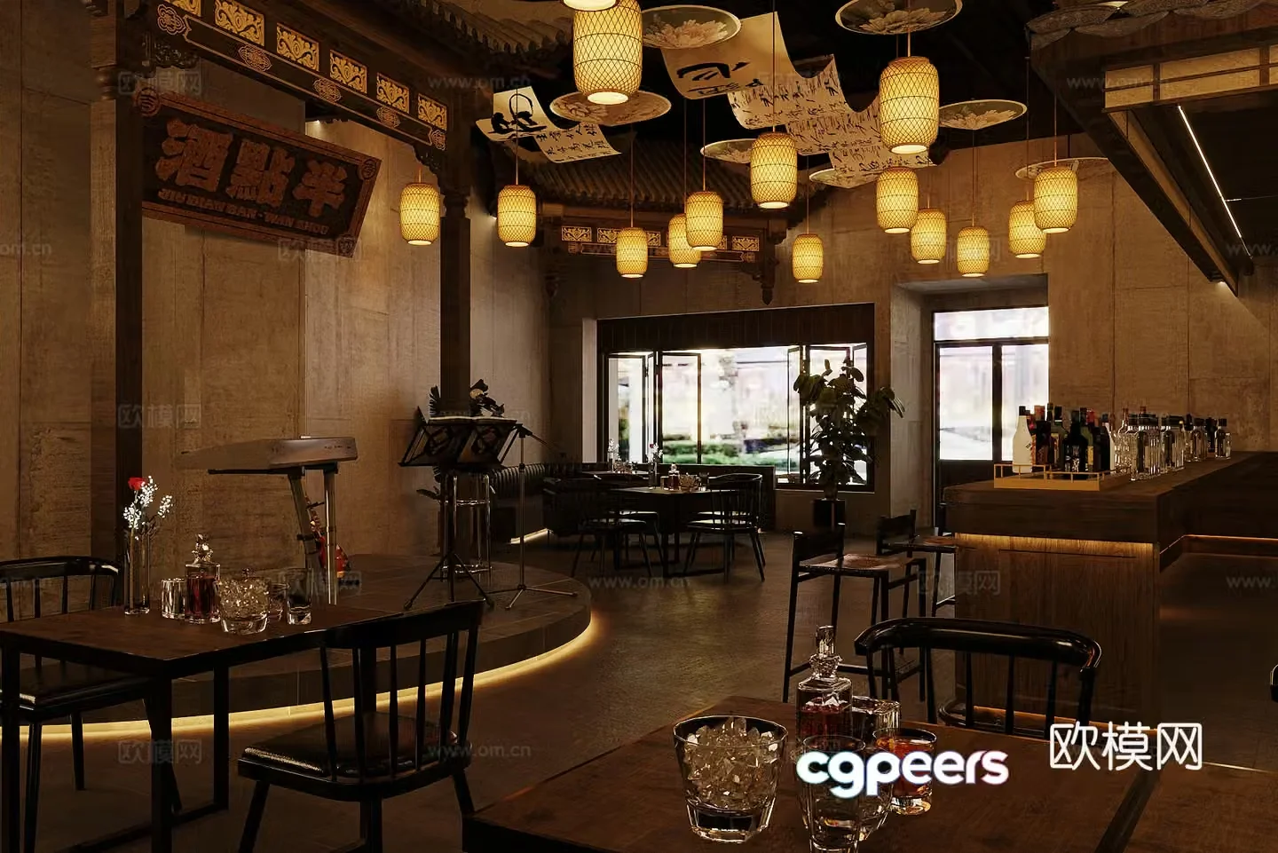 New Chinese retro bar Qing bar Tavern 3D model