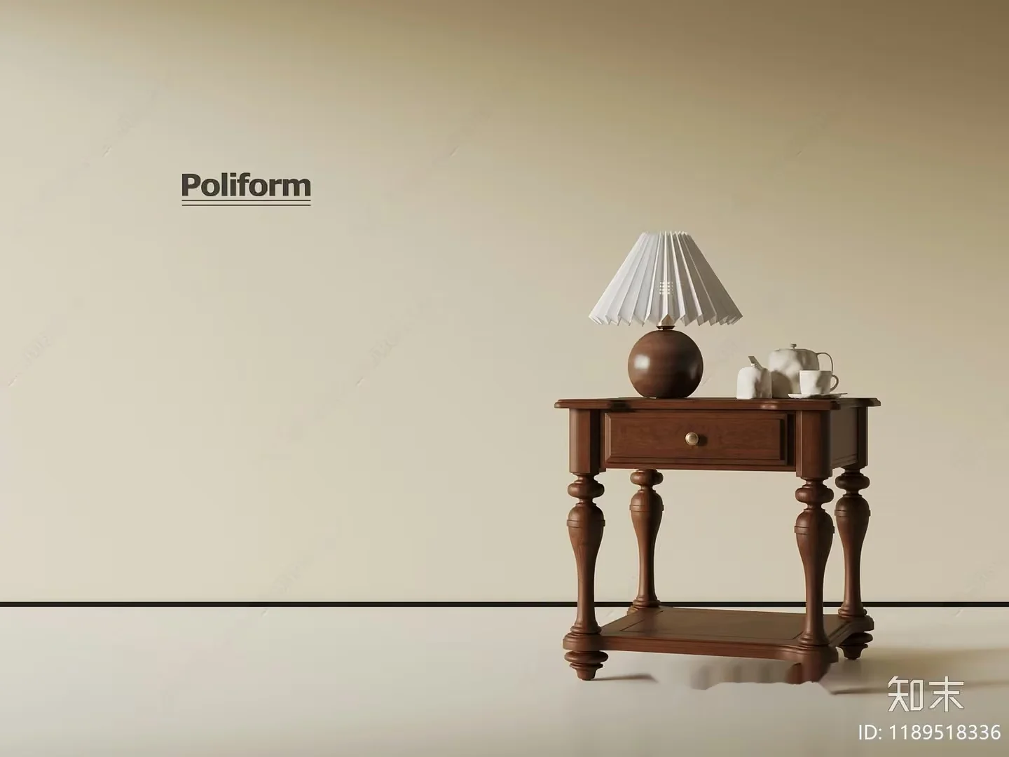 A Wooden Table With A Lamp And Tea Set 3D Model – 3812 – VRAY Render