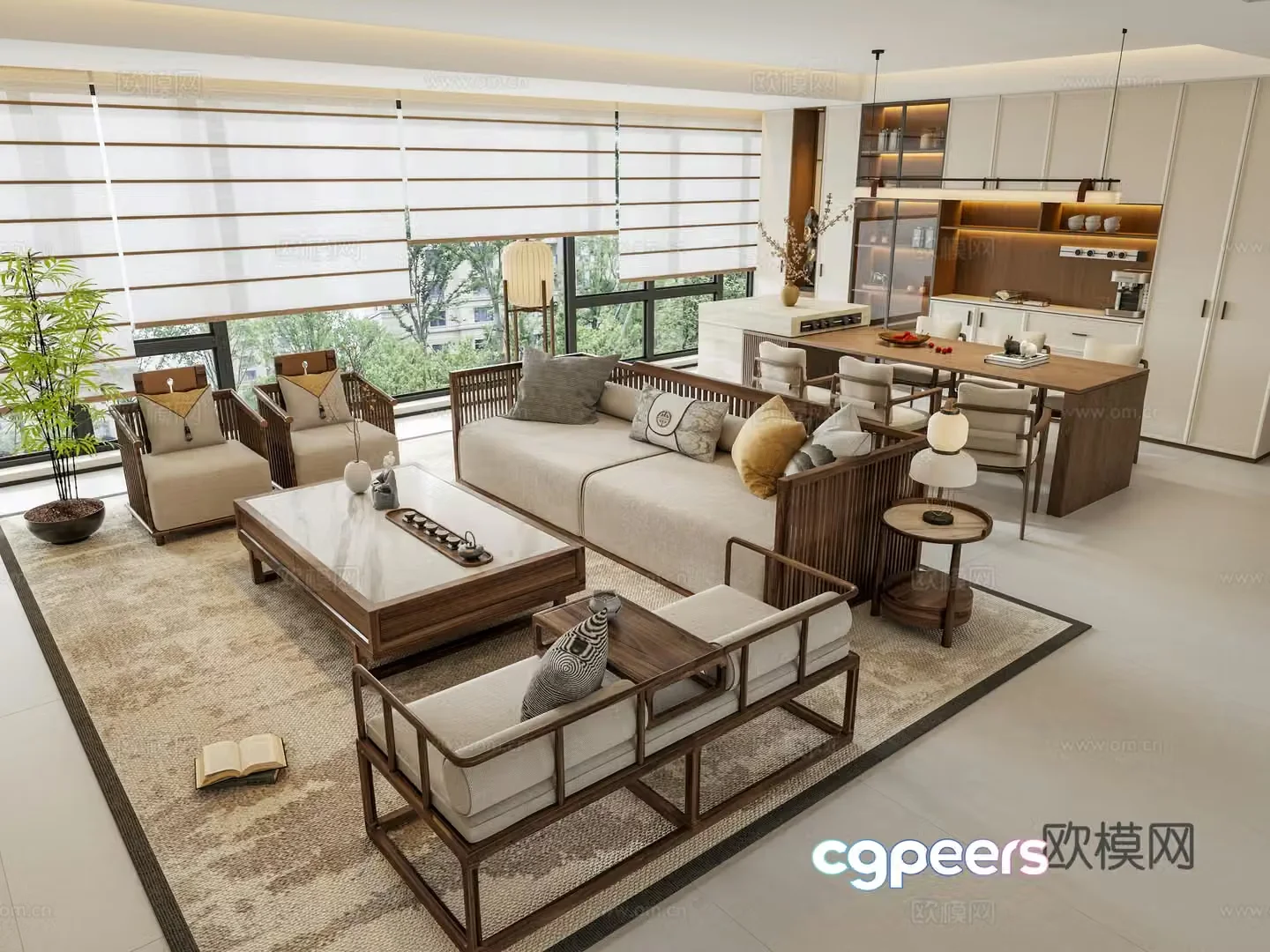Zen New Chinese Style Home Living and Living Restaurant Large Flat Layerless Lamp Horizontal Room Fabric Sofa Coffee Table Combination 3D Model