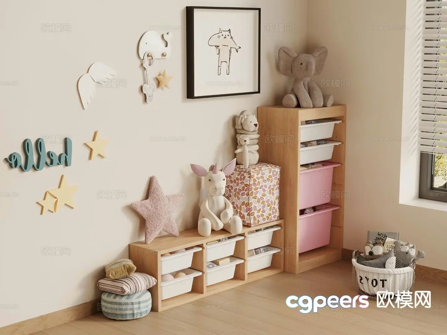 Modern children’s storage cabinet storage rack clothes basket toy storage box 3D model