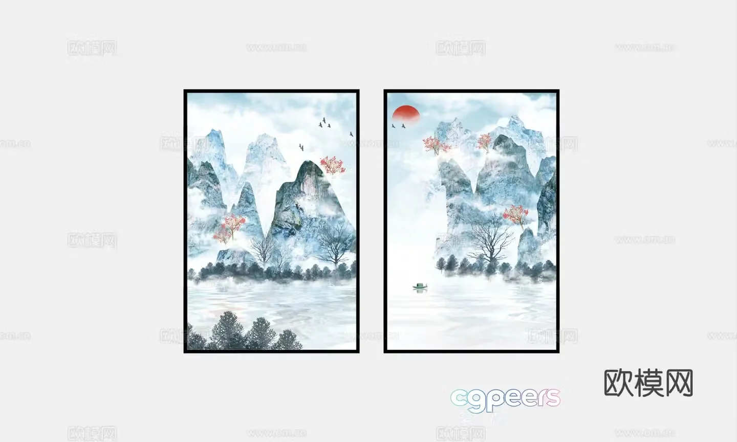 New Chinese style decorative painting landscape painting hanging painting 3D model