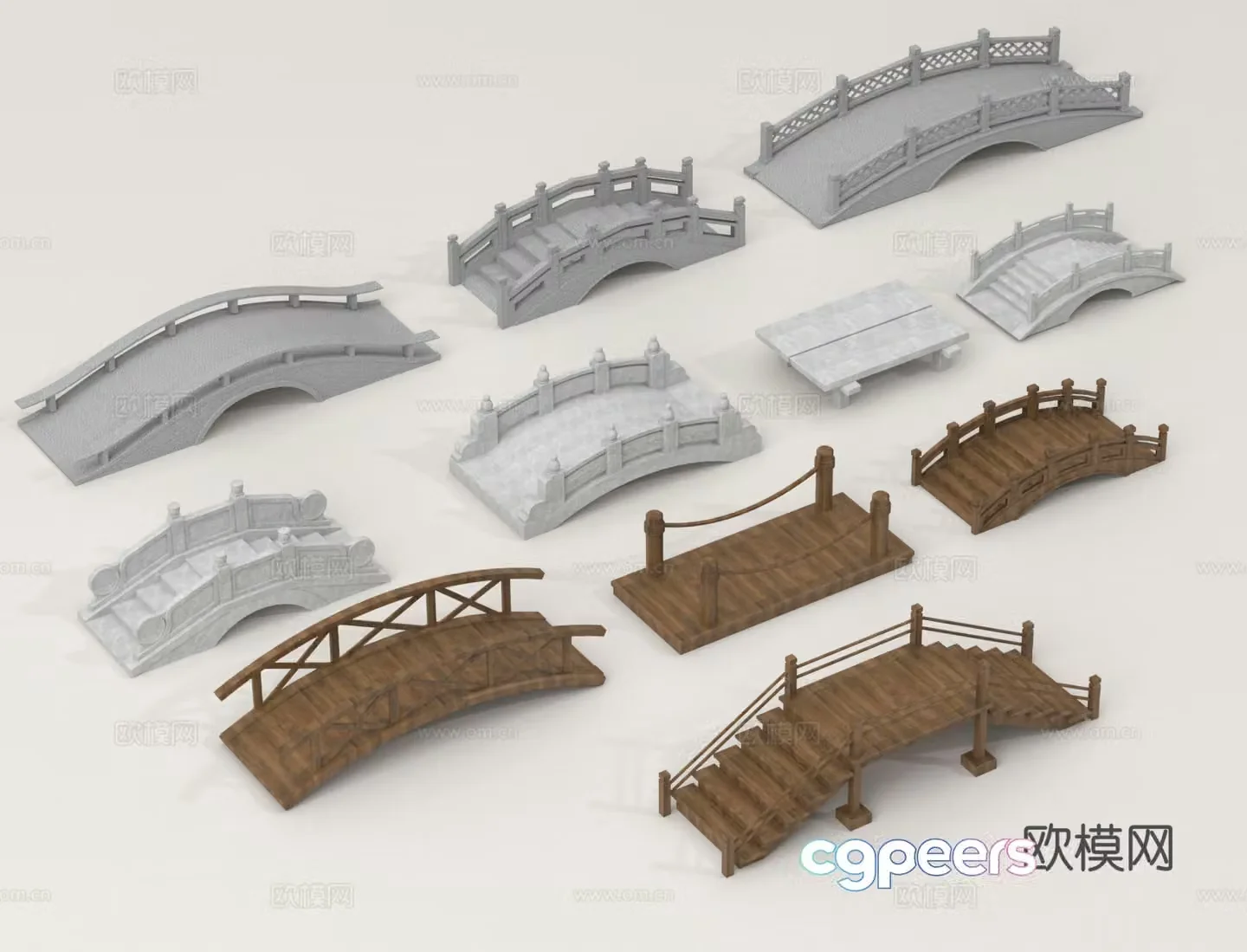 New Chinese style arch bridge wooden plank road wooden bridge viewing bridge 3D model