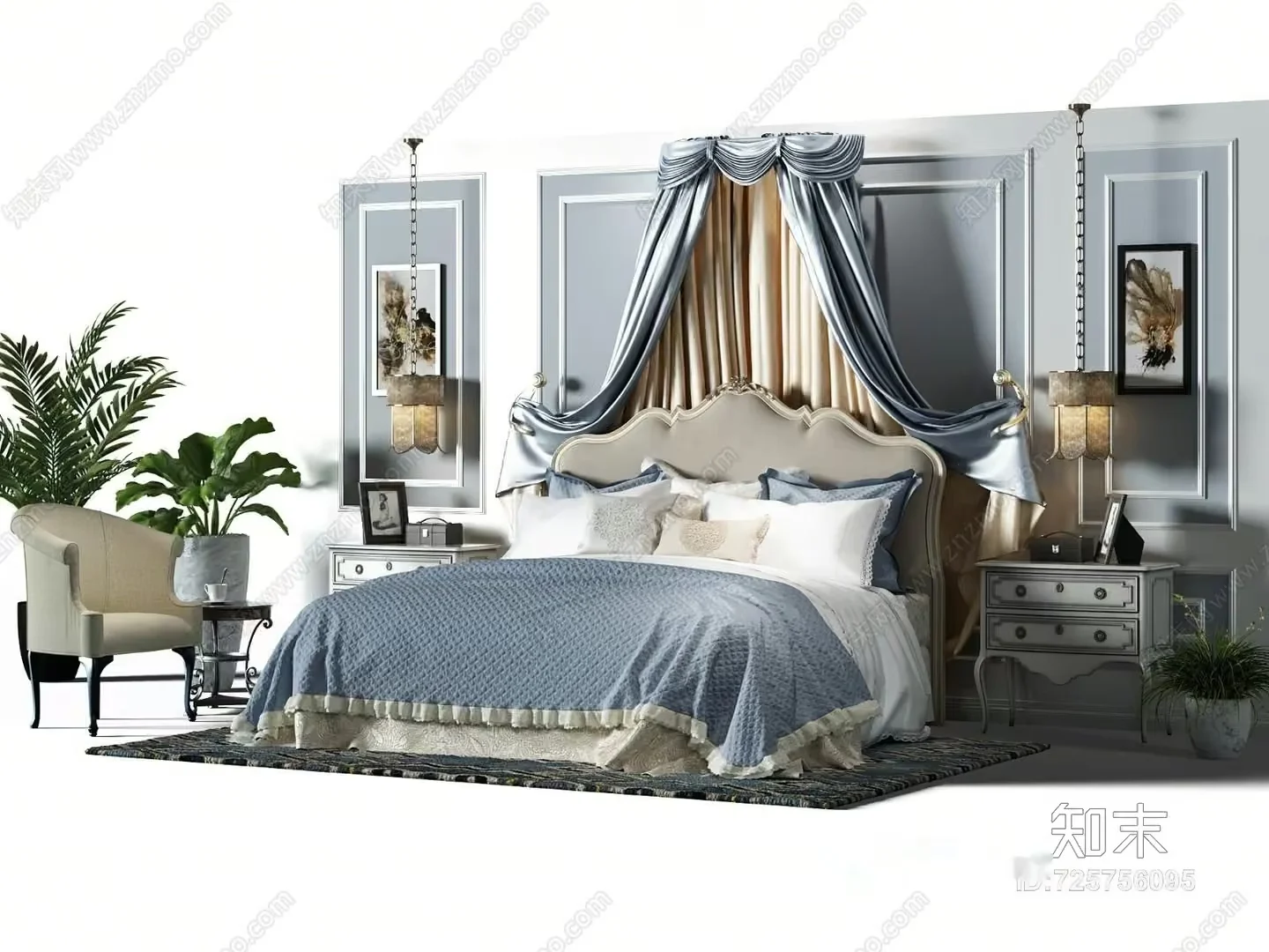 A Bedroom With A Large Bed 3D Model – 7197 – VRAY Render