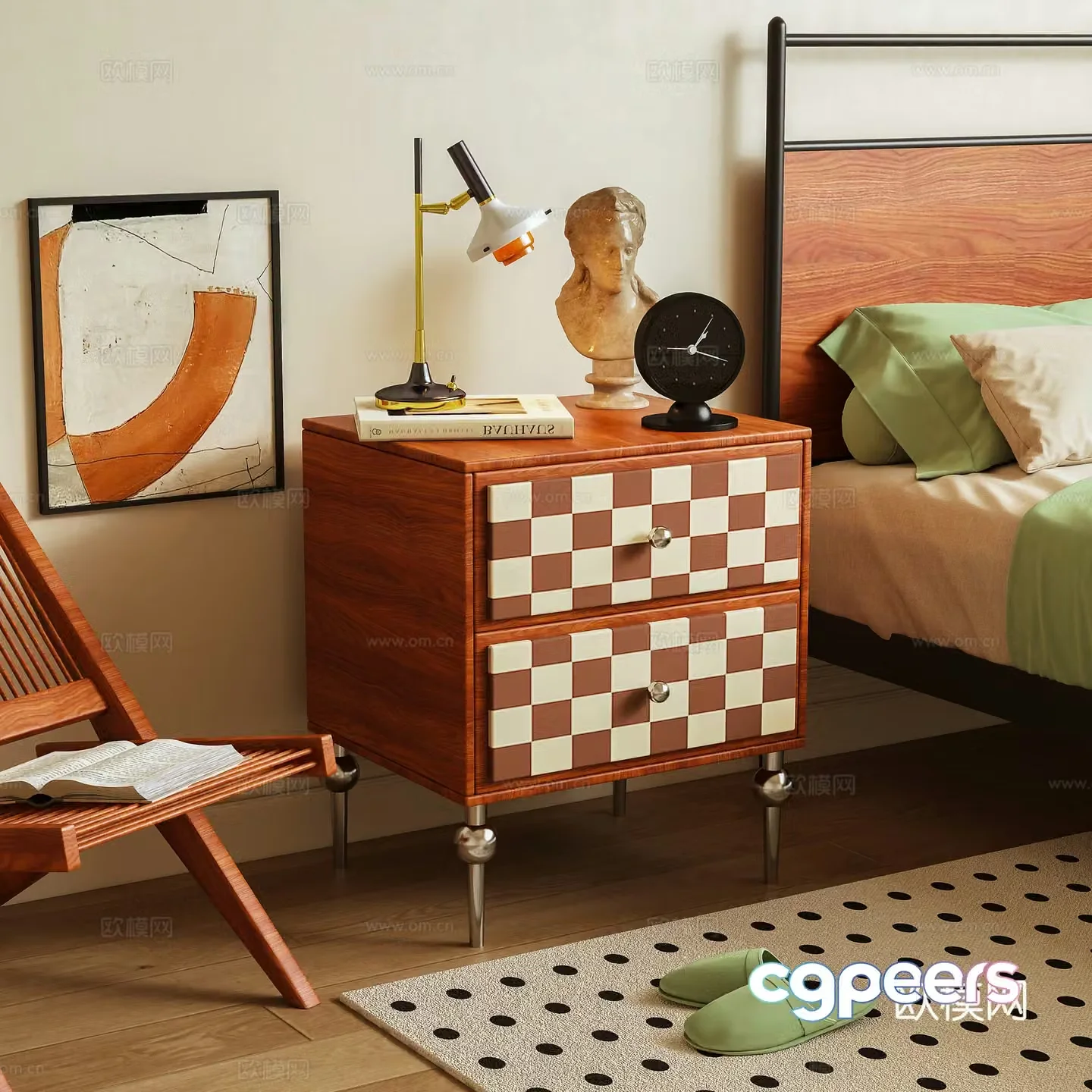 Log wind bedside table side cabinet 3d model