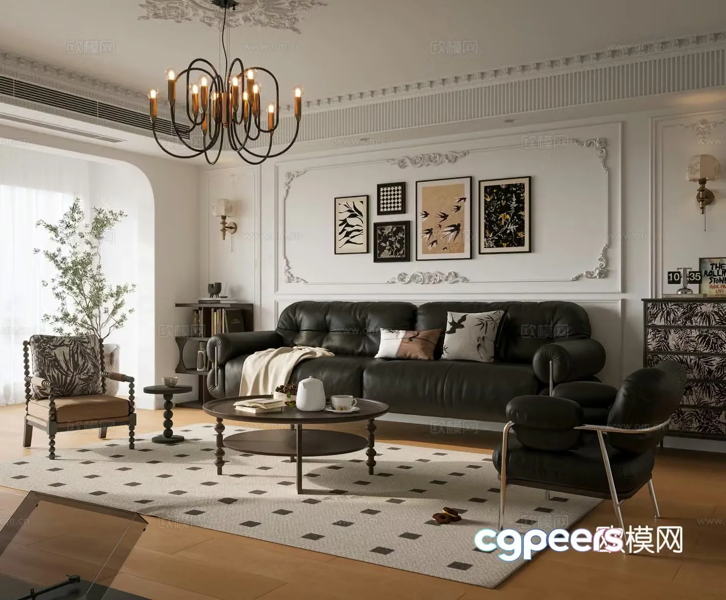 French medieval style living room medieval style sofa coffee table combination medieval style chest of drawers decorative painting 3D model