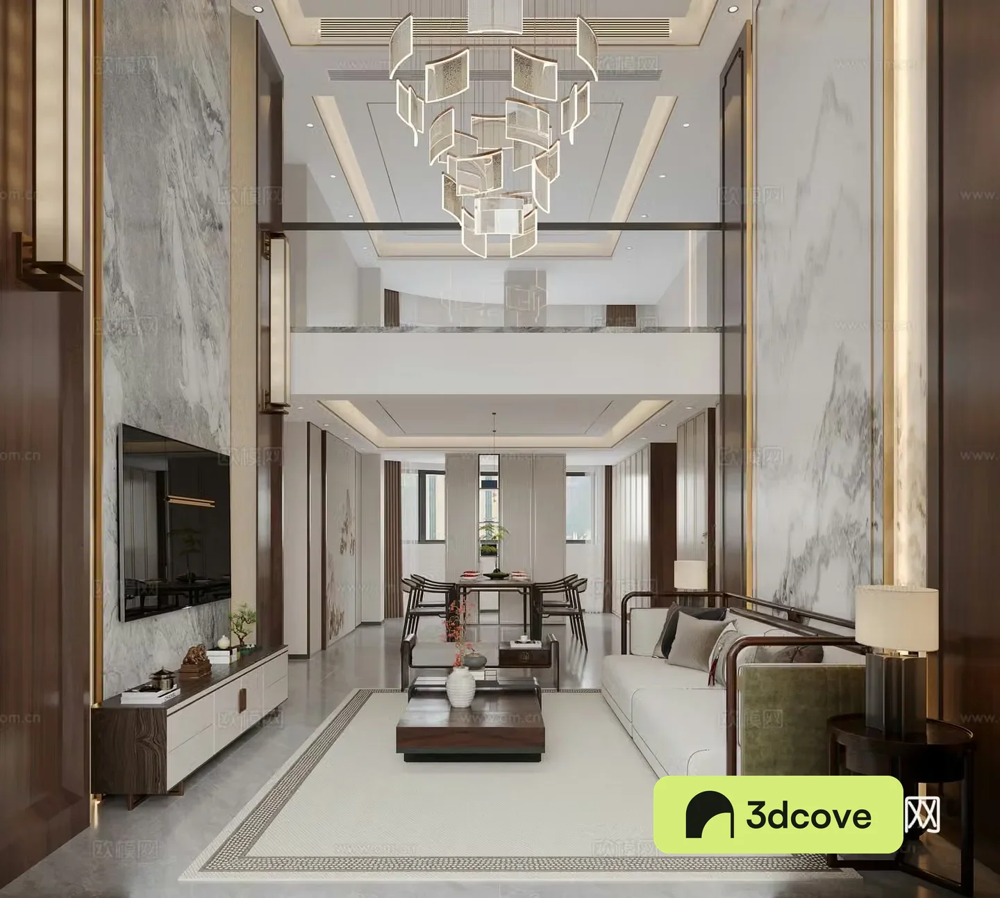 New Chinese style high villa living room combination sofa TV background wall TV cabinet living and dining room
