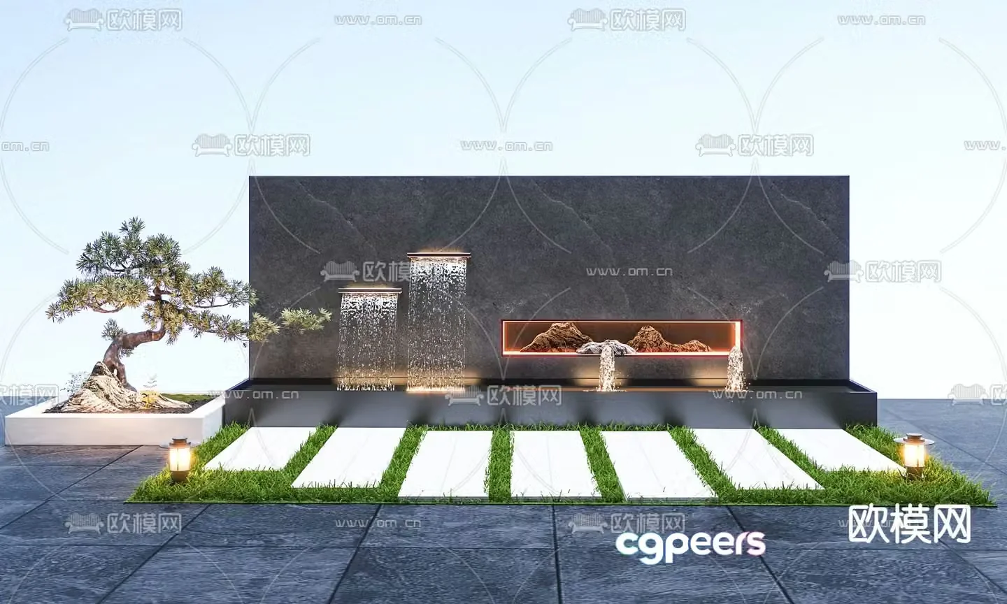 Landscape sketch overlapping water feature wall screen wall garden road paving 3D model