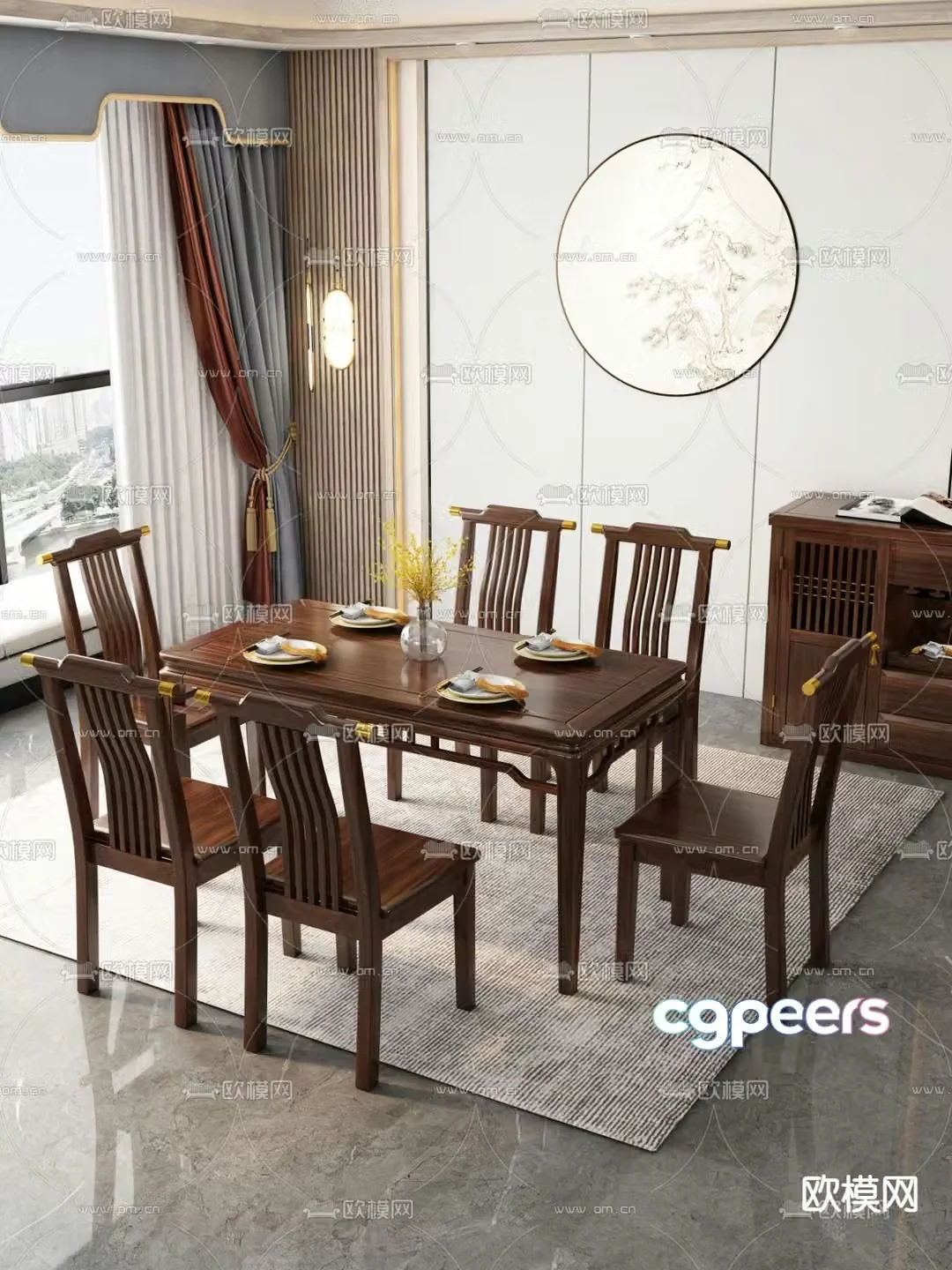 Chinese dining table and chairs mahogany dining table 3d model