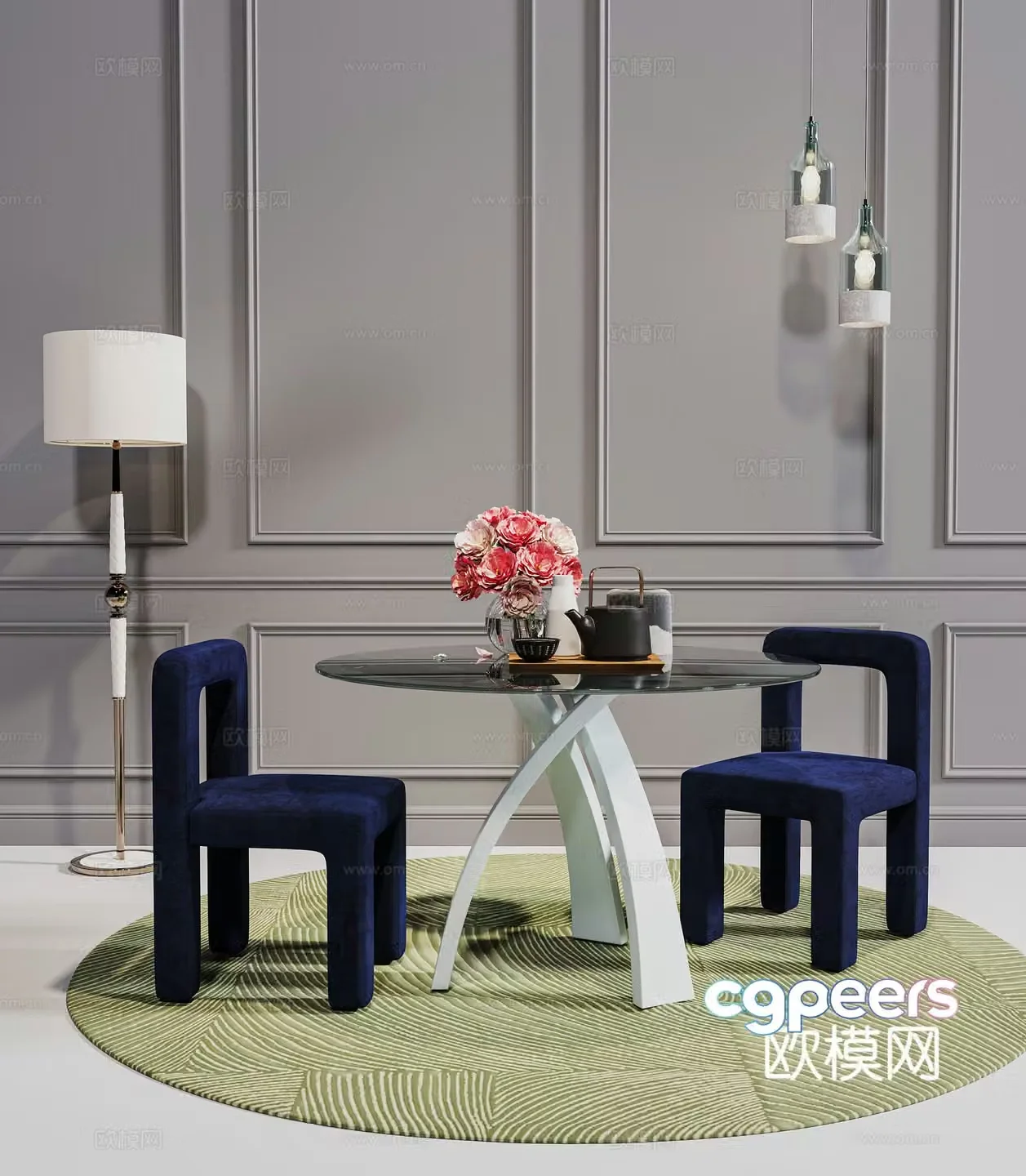 Modern dining table and chair table and chair combination floor lamp chandelier carpet 3d model