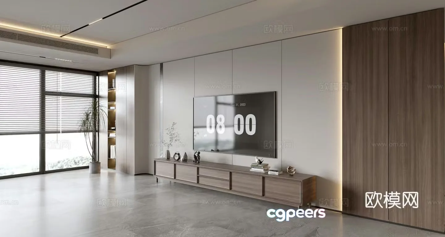 Modern simple living room light luxury TV background wall full wall TV cabinet wooden veneer background wall 3d model