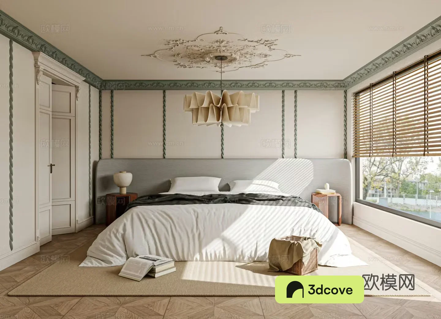 French bedroom bed nightstand accessories curtains carpet