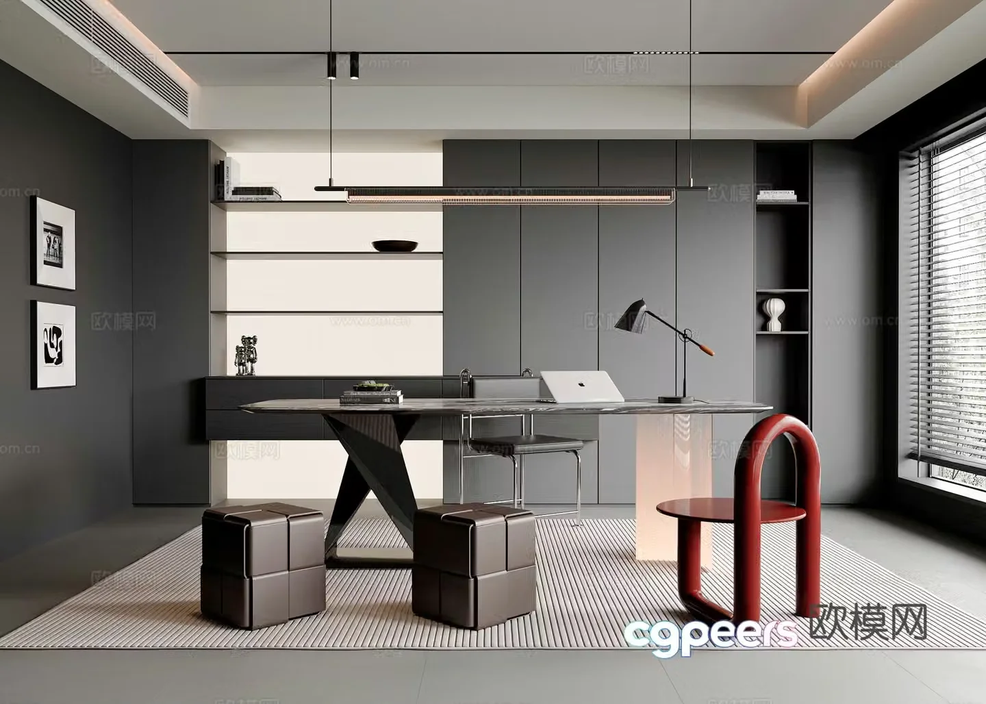 Modern Italian study desk and chair combination single chair book chair chandelier bookcase 3d model