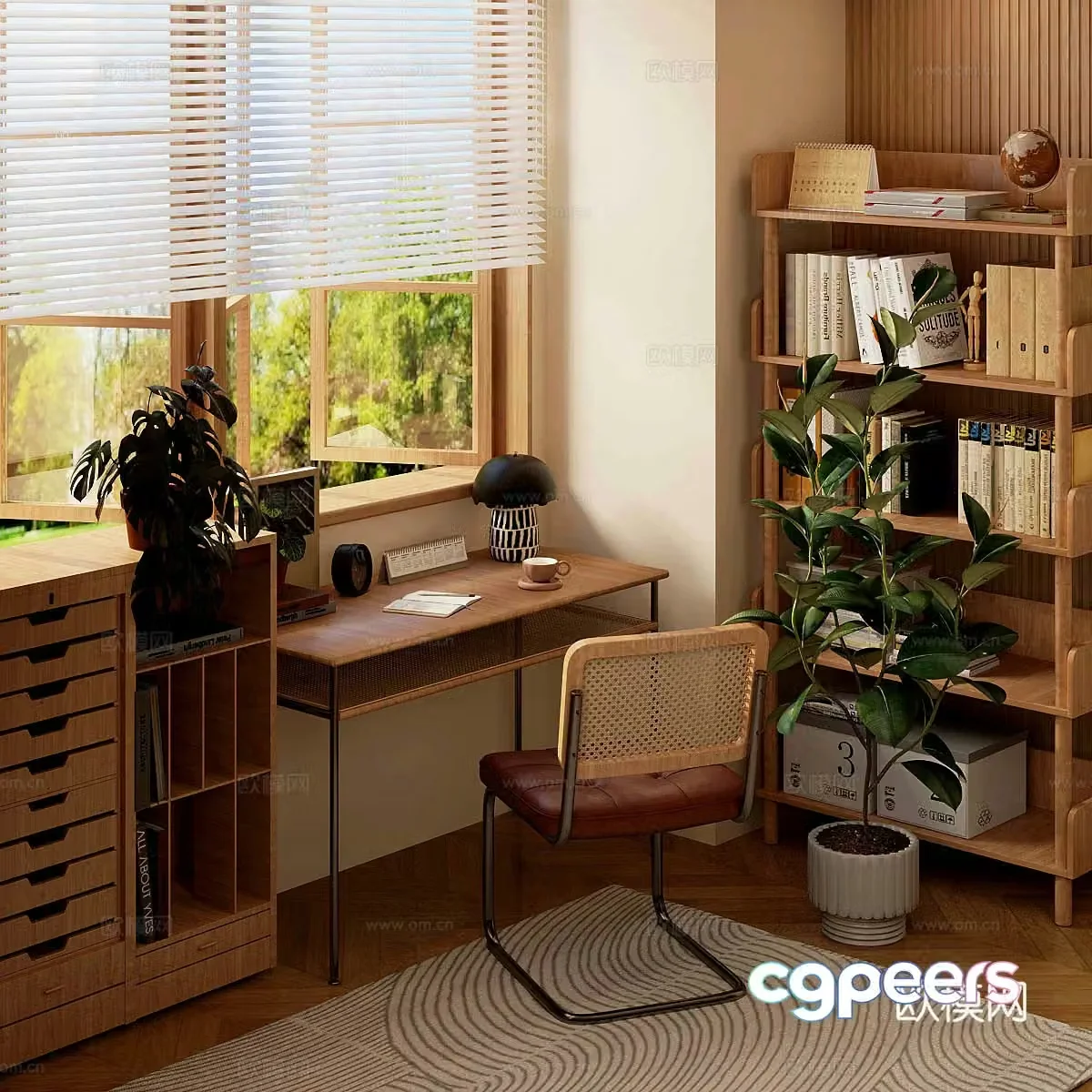 Middle-aged study retro study medieval style desk and chair bookcase desk ornament combination 3D model